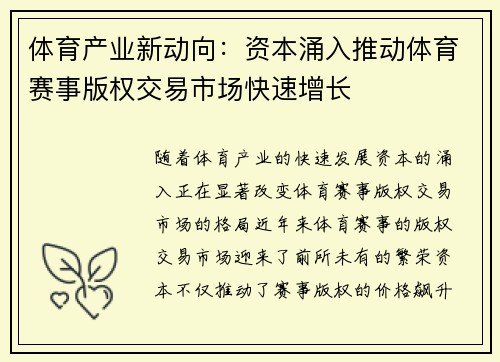 体育产业新动向：资本涌入推动体育赛事版权交易市场快速增长
