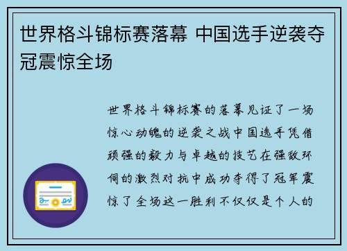 世界格斗锦标赛落幕 中国选手逆袭夺冠震惊全场