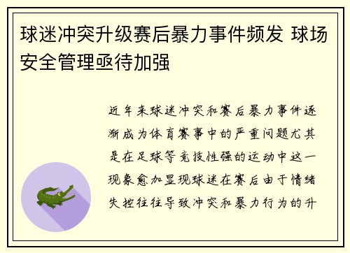 球迷冲突升级赛后暴力事件频发 球场安全管理亟待加强