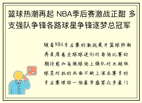 篮球热潮再起 NBA季后赛激战正酣 多支强队争锋各路球星争锋逐梦总冠军