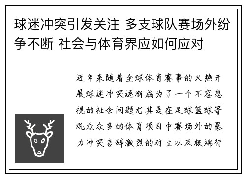 球迷冲突引发关注 多支球队赛场外纷争不断 社会与体育界应如何应对